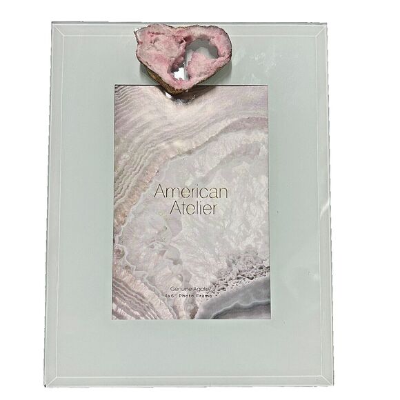 American Atelier Tabletop White Glass Picture Frame With Pink Agate Heart - Picture 2 of 6